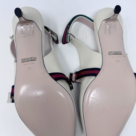 Gucci Malaga Kid Cream Web Stripe Horsebit Low Kitten Heel Slingback Pumps EU 38 - Picture 11 of 11